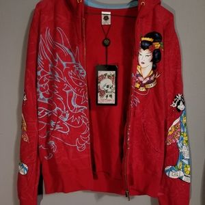 Don Ed Hardy by Christian Audigier Red Kiss of Death Geisha Drawstring Zip-Up